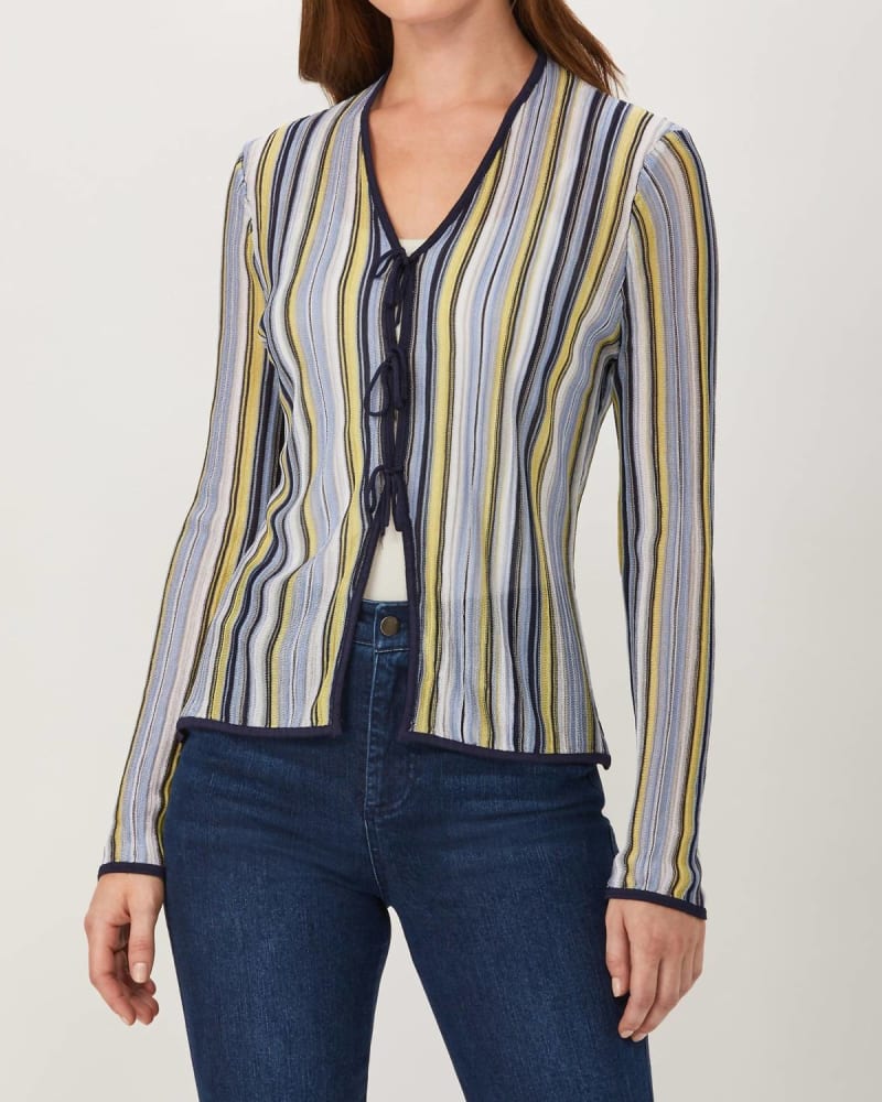 Front of a model wearing a size L Tie Front Cardigan in Blue Multi in Blue Multi by Ecru. | dia_product_style_image_id:327136